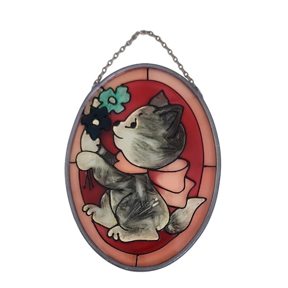 Joan Baker Other - Joan Baker Vintage Hand Painted Cat with Flowers Sun Catcher